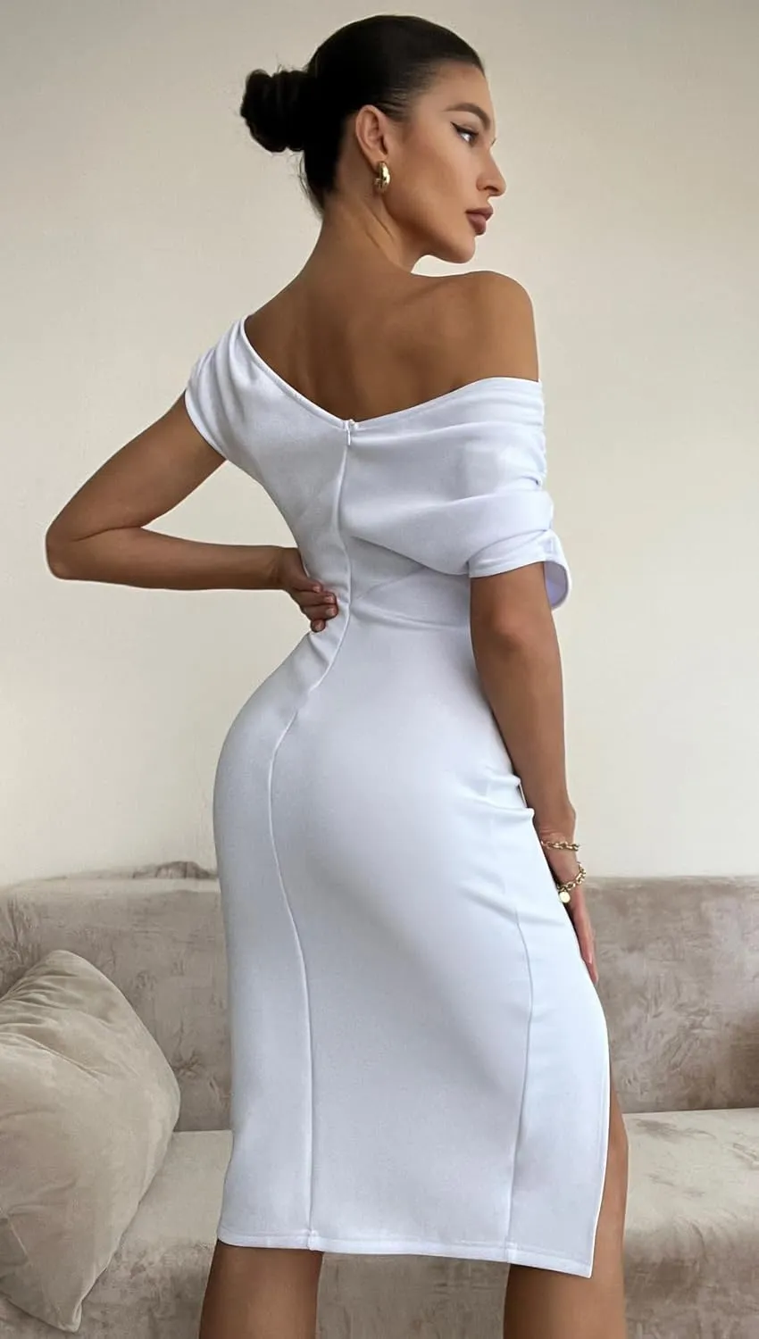 Memoriesea Women's Elegant Off Shoulder Split Hem Bodycon Ruched Midi Club Party Dress