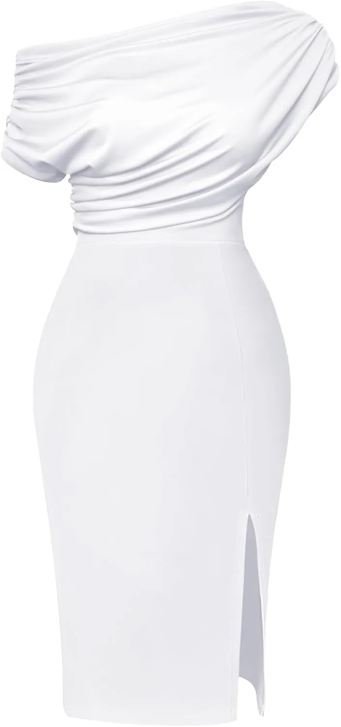 Memoriesea Women's Elegant Off Shoulder Split Hem Bodycon Ruched Midi Club Party Dress