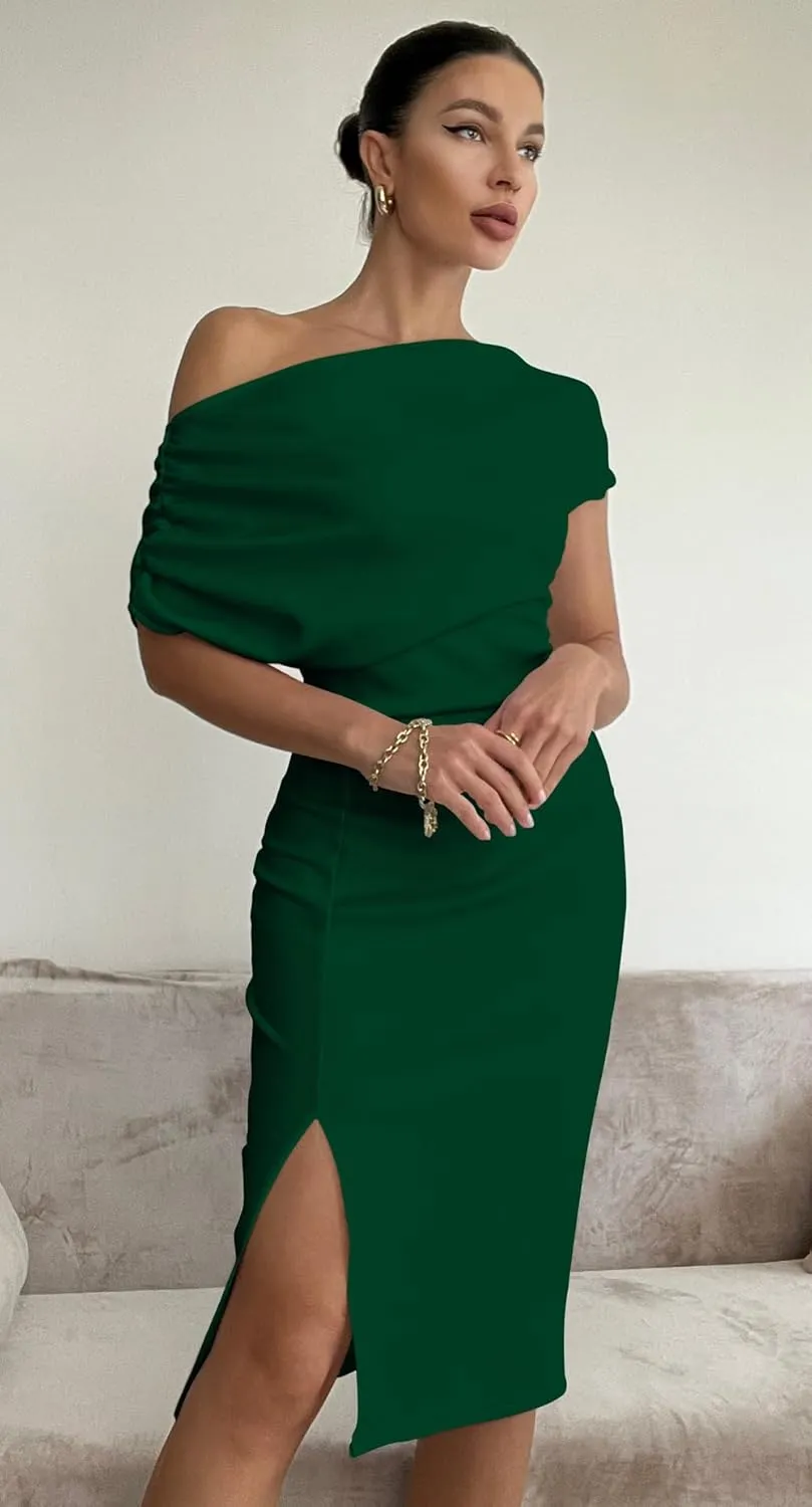 Memoriesea Women's Elegant Off Shoulder Split Hem Bodycon Ruched Midi Club Party Dress