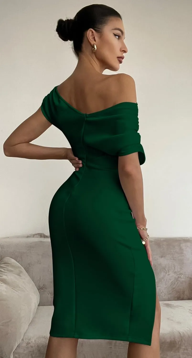 Memoriesea Women's Elegant Off Shoulder Split Hem Bodycon Ruched Midi Club Party Dress