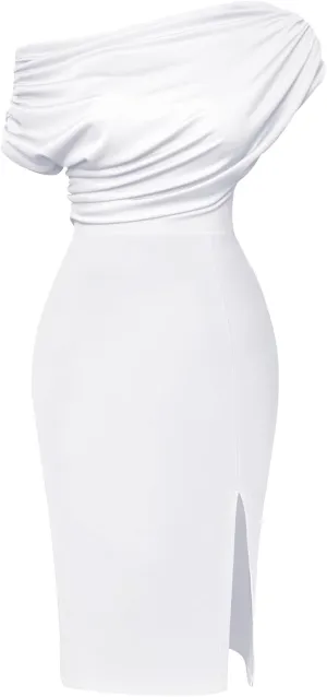 Memoriesea Women's Elegant Off Shoulder Split Hem Bodycon Ruched Midi Club Party Dress