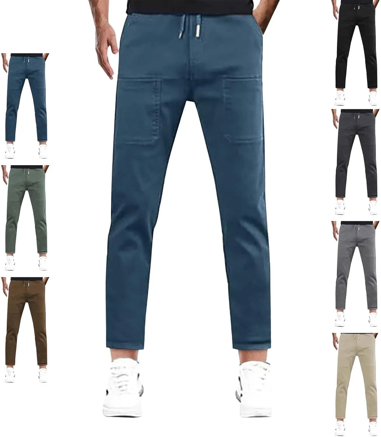 Men Cargo Cropped Pants Cotton Casual Hiking Pant Lightweight Elastic Waist Drawstring Lounge Capri Trouser 6 Pocket
