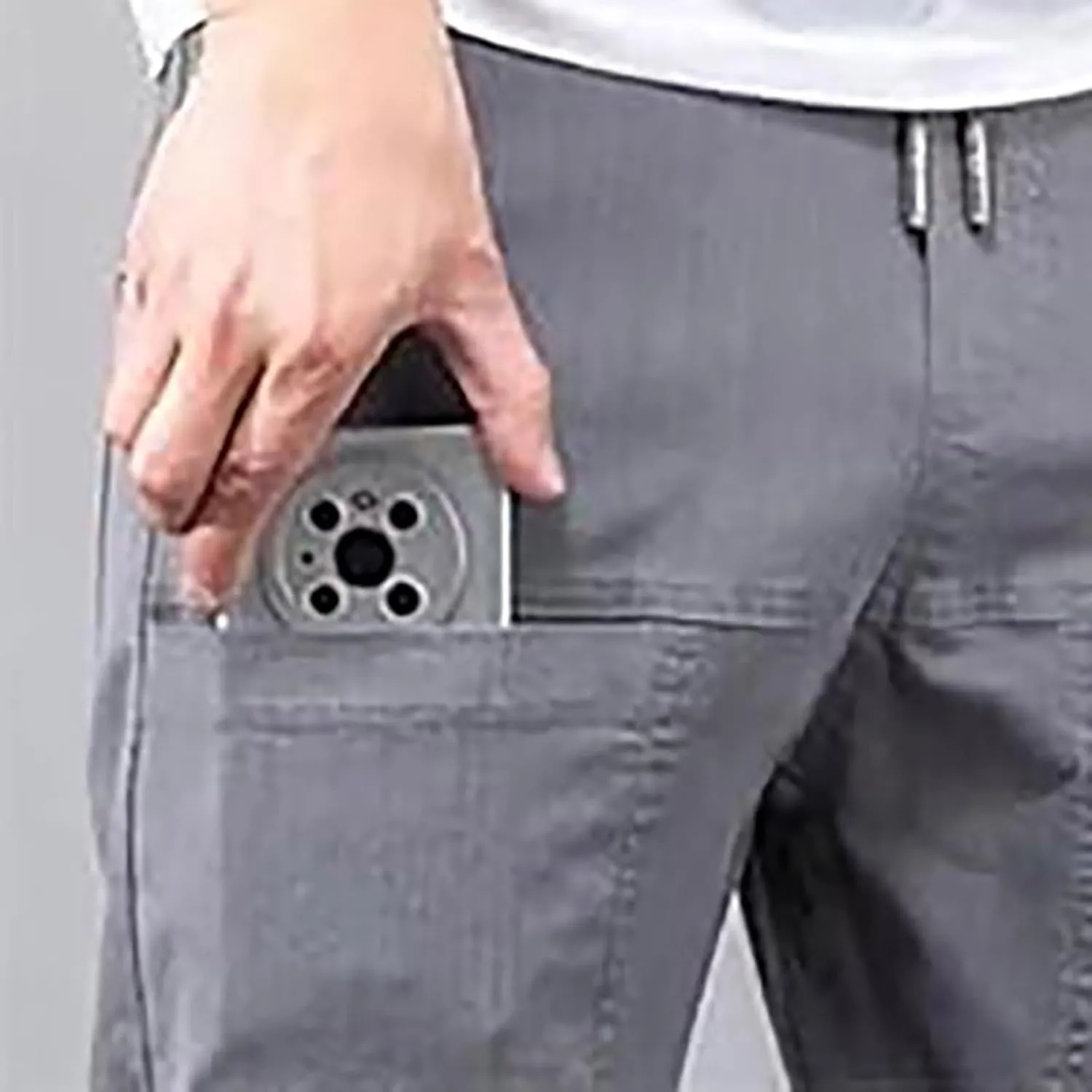Men Cargo Cropped Pants Cotton Casual Hiking Pant Lightweight Elastic Waist Drawstring Lounge Capri Trouser 6 Pocket