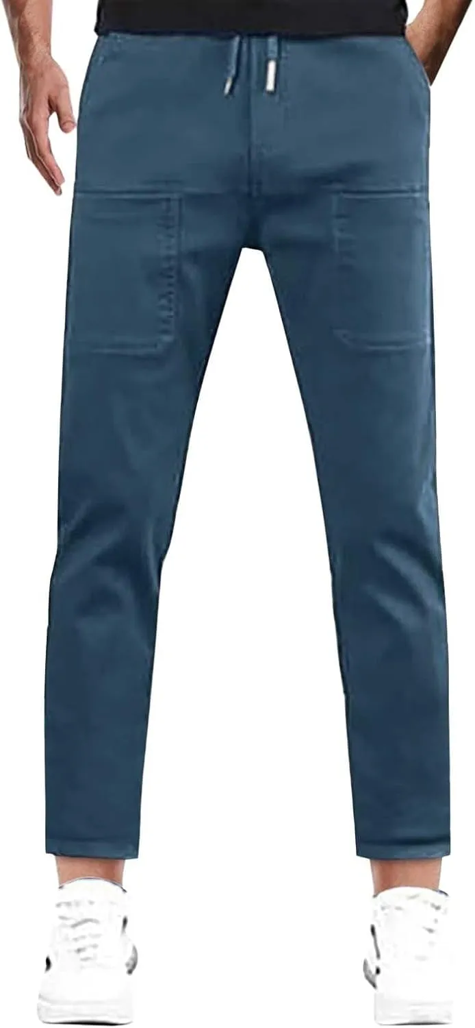 Men Cargo Cropped Pants Cotton Casual Hiking Pant Lightweight Elastic Waist Drawstring Lounge Capri Trouser 6 Pocket