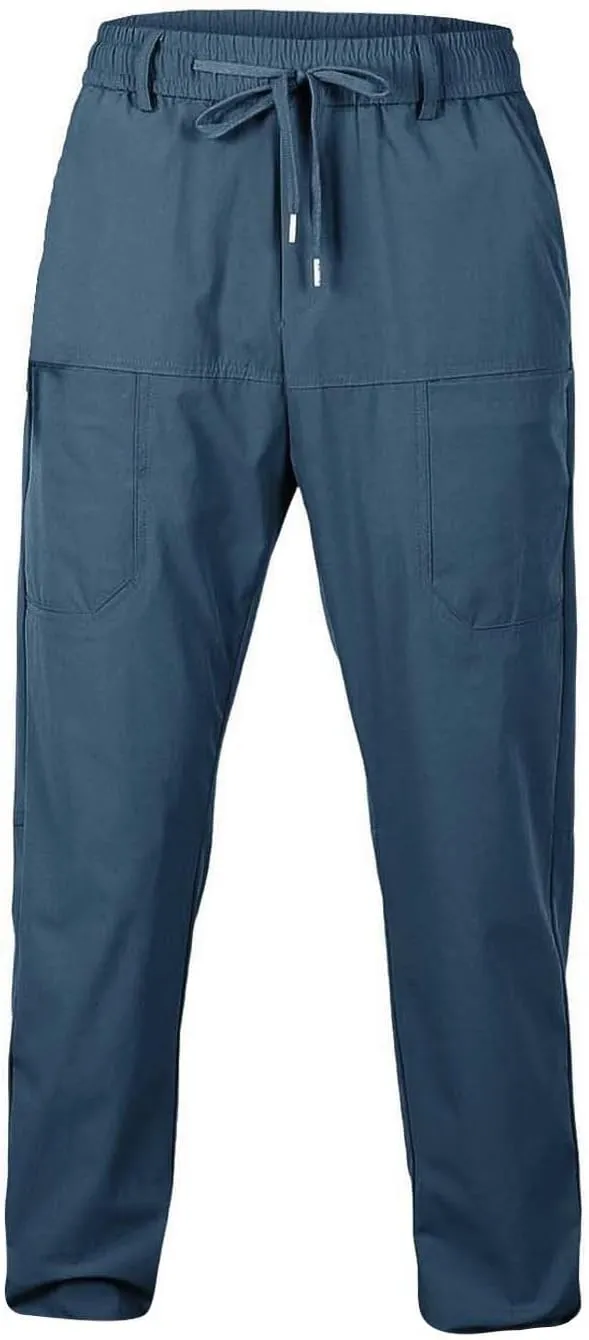 Men Cargo Cropped Pants Cotton Casual Hiking Pant Lightweight Elastic Waist Drawstring Lounge Capri Trouser 6 Pocket