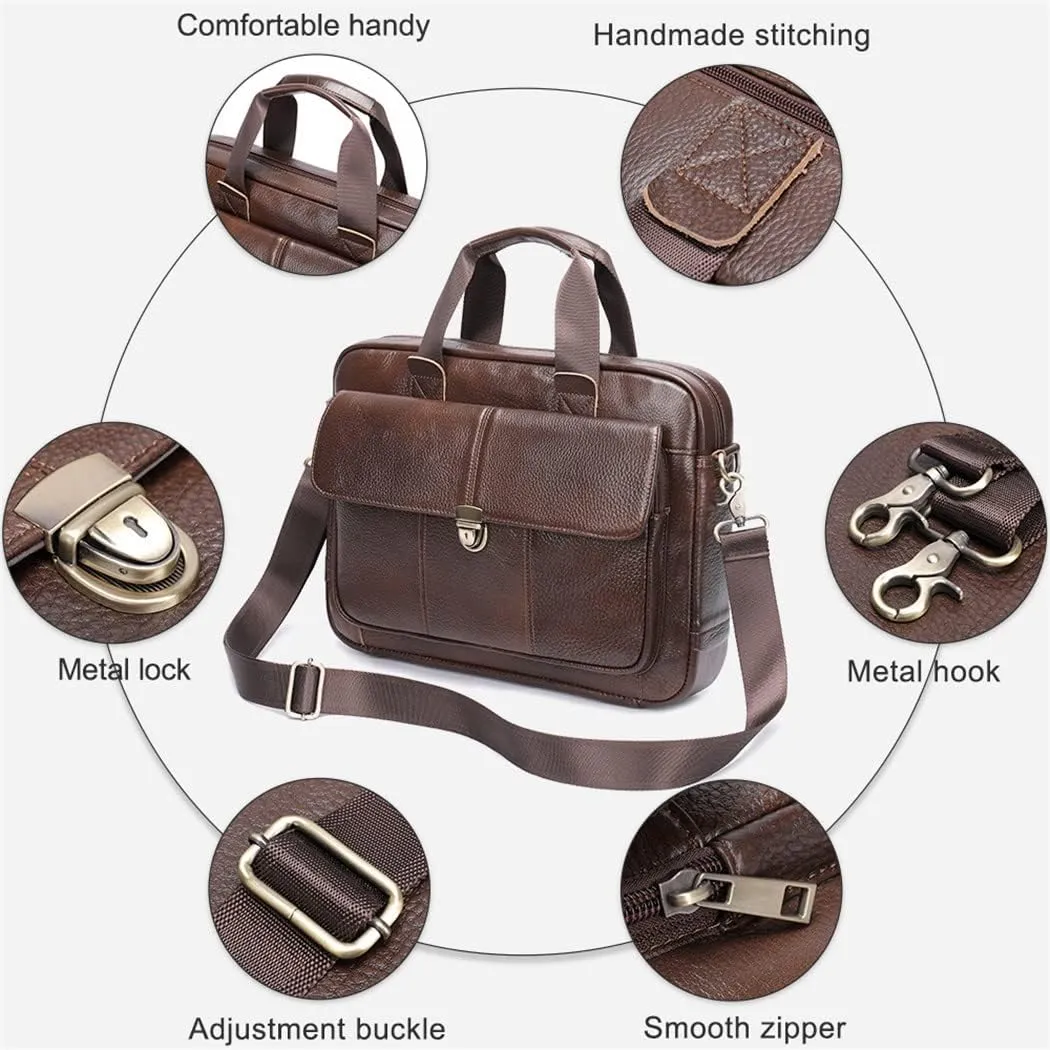 Men's Briefcase Genuine Leather Laptop Bag 14'' Business Tote Document Office Portable Laptop Shoulder Bags