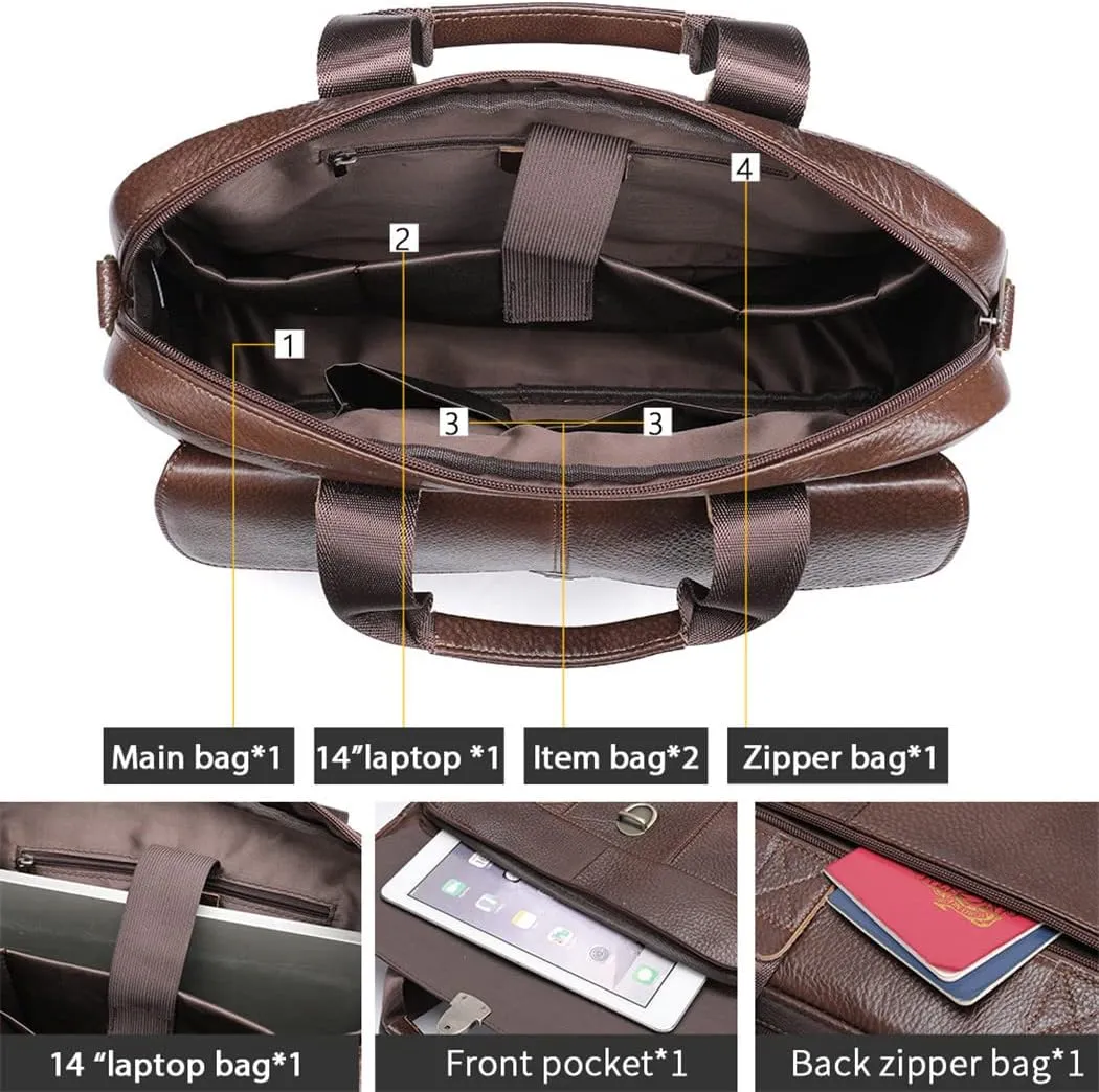 Men's Briefcase Genuine Leather Laptop Bag 14'' Business Tote Document Office Portable Laptop Shoulder Bags