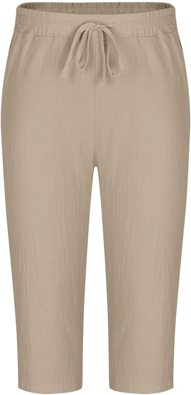 Mens Capri Pants Summer Baggy Casual Linen High Waist Drawstring Harem Pants Lightweight Solid Beach Wide Leg Capris