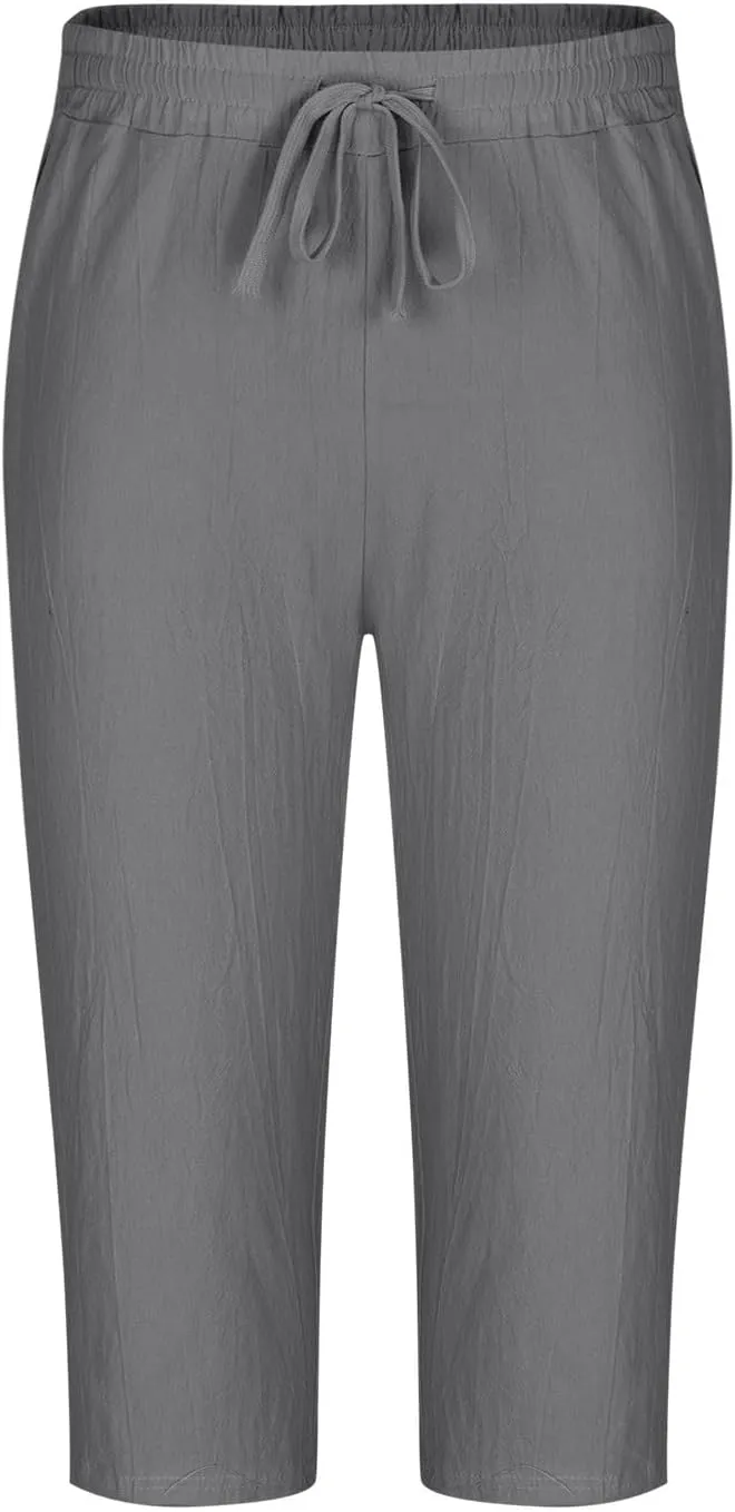 Mens Capri Pants Summer Baggy Casual Linen High Waist Drawstring Harem Pants Lightweight Solid Beach Wide Leg Capris