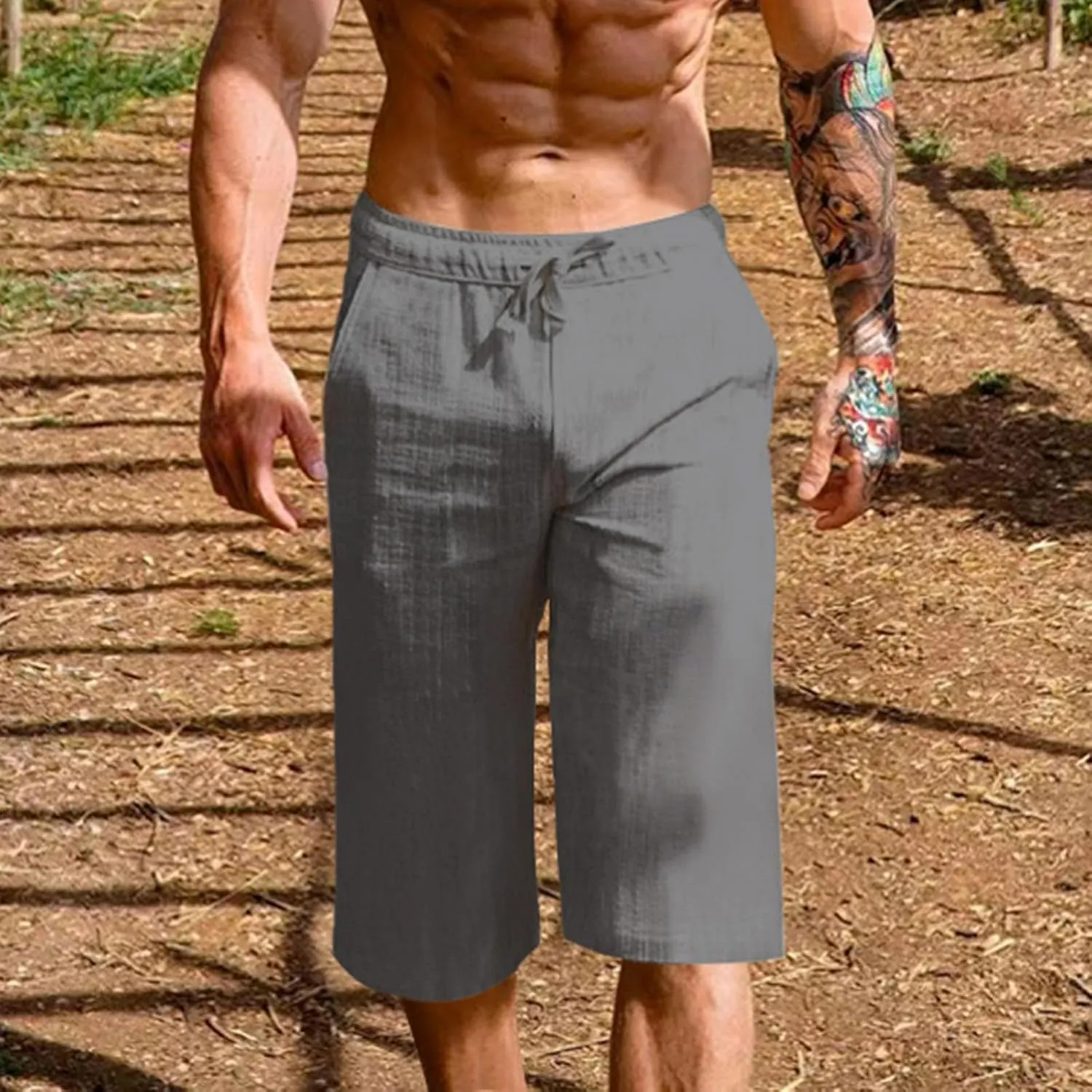Mens Capri Pants Summer Baggy Casual Linen High Waist Drawstring Harem Pants Lightweight Solid Beach Wide Leg Capris