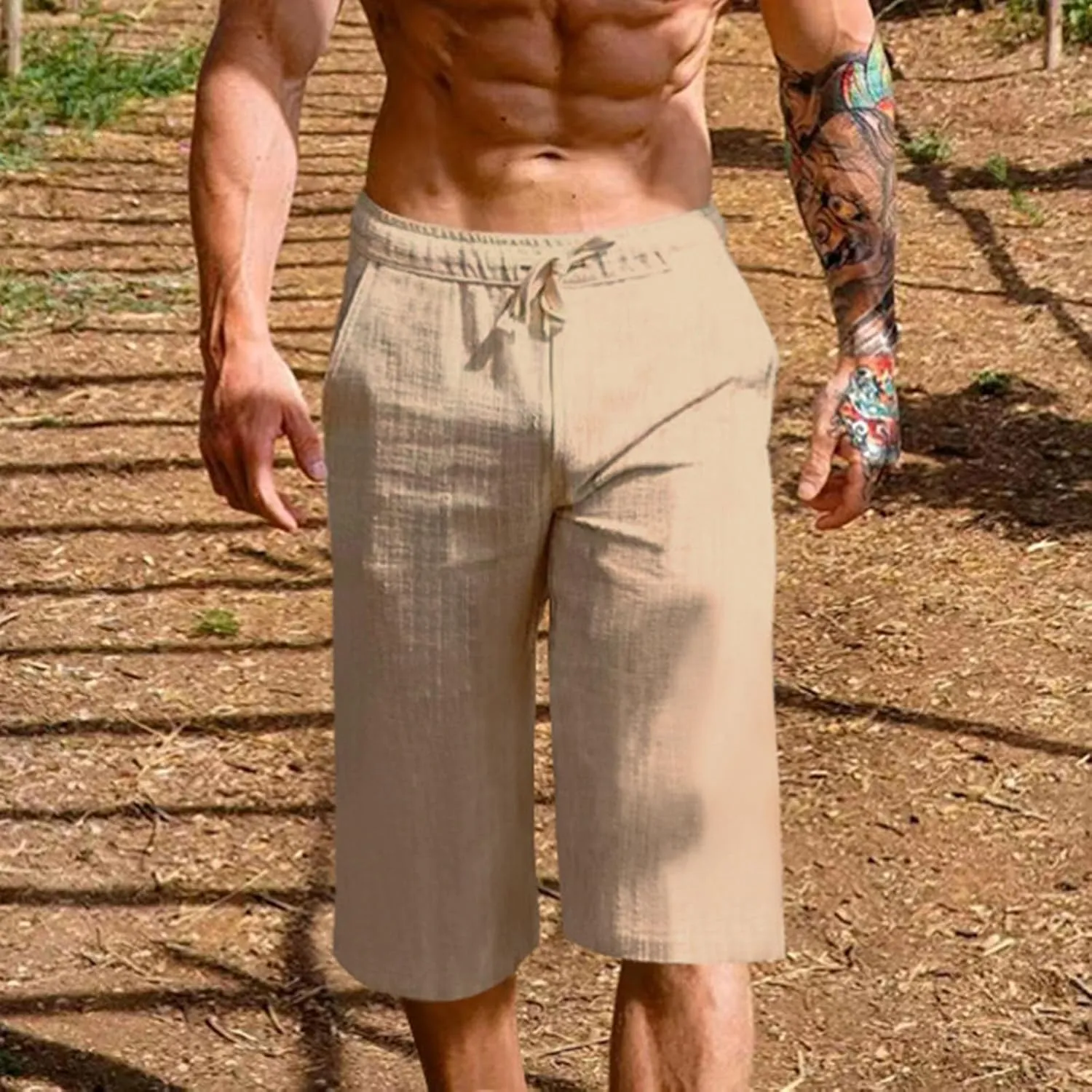 Mens Capri Pants Summer Baggy Casual Linen High Waist Drawstring Harem Pants Lightweight Solid Beach Wide Leg Capris