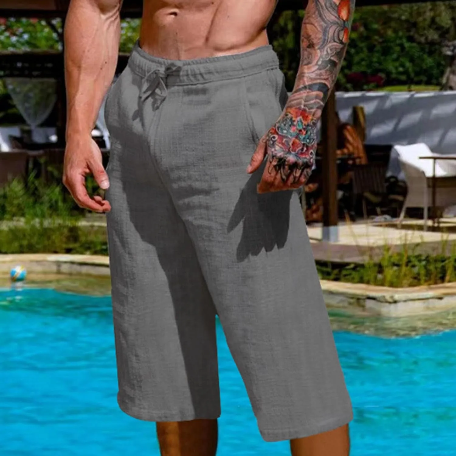 Mens Capri Pants Summer Baggy Casual Linen High Waist Drawstring Harem Pants Lightweight Solid Beach Wide Leg Capris