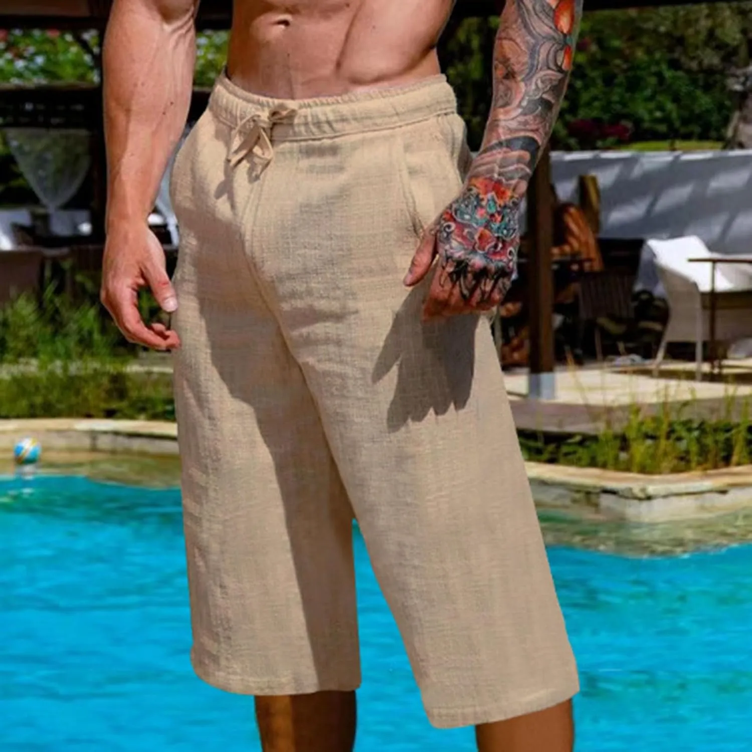 Mens Capri Pants Summer Baggy Casual Linen High Waist Drawstring Harem Pants Lightweight Solid Beach Wide Leg Capris