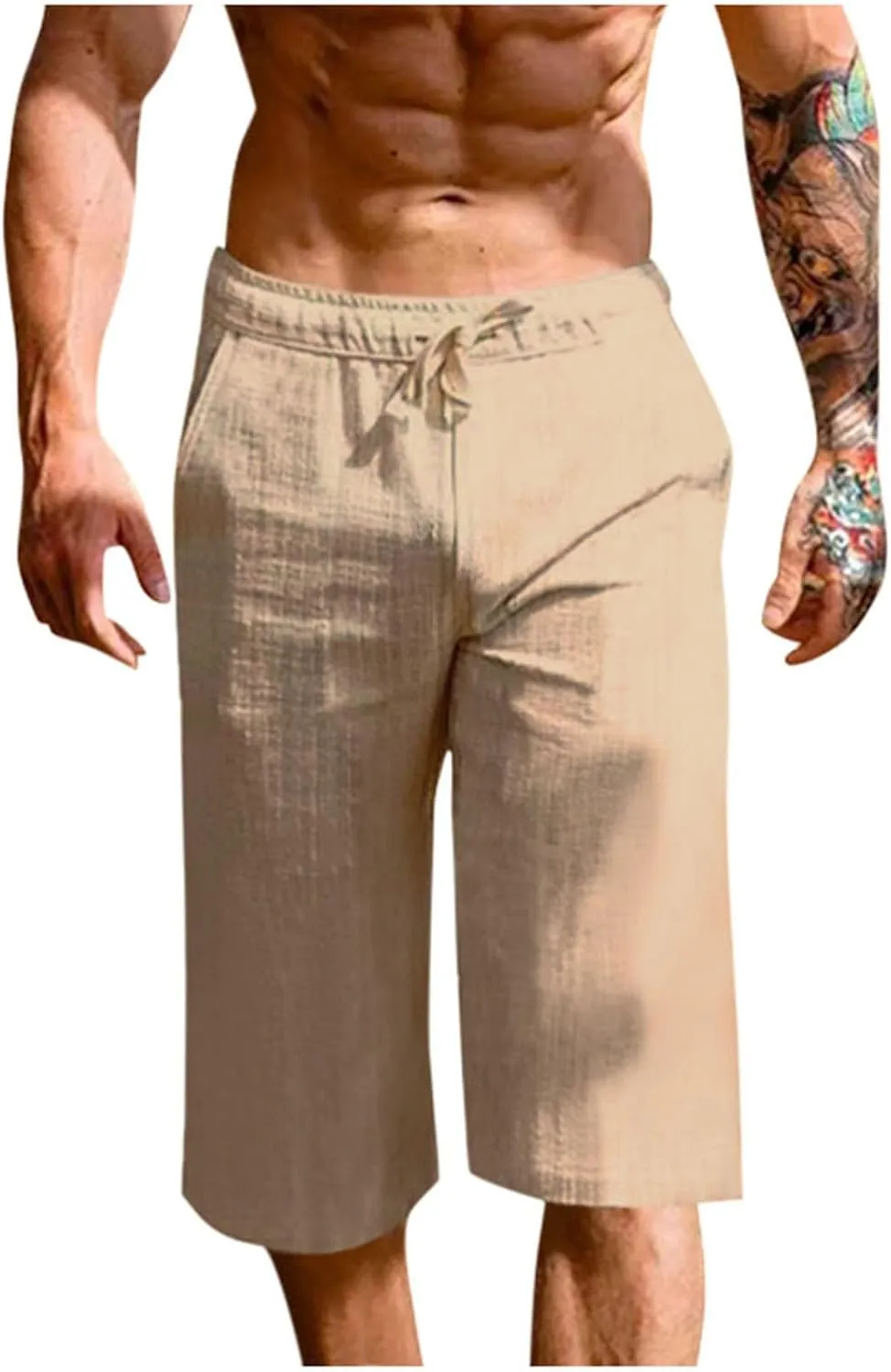 Mens Capri Pants Summer Baggy Casual Linen High Waist Drawstring Harem Pants Lightweight Solid Beach Wide Leg Capris