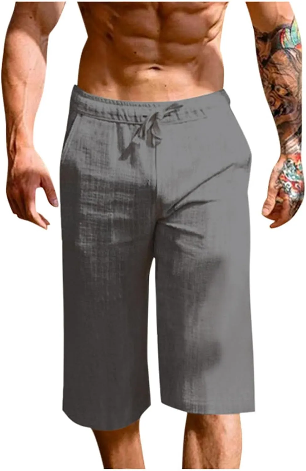 Mens Capri Pants Summer Baggy Casual Linen High Waist Drawstring Harem Pants Lightweight Solid Beach Wide Leg Capris