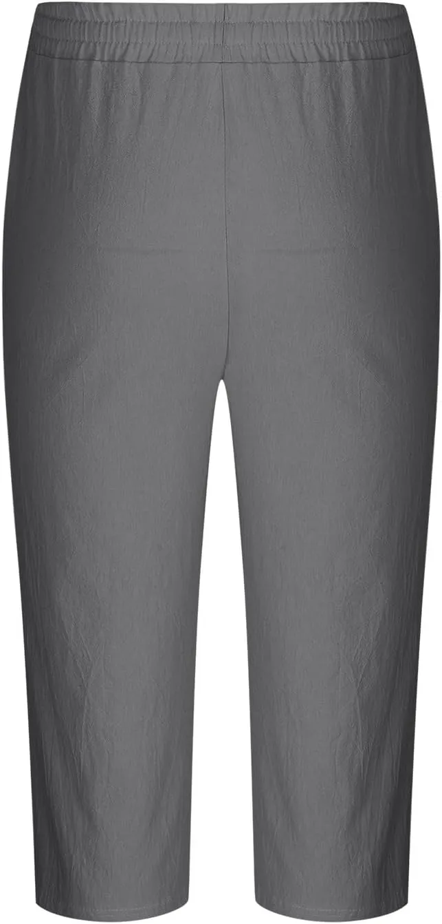 Mens Capri Pants Summer Baggy Casual Linen High Waist Drawstring Harem Pants Lightweight Solid Beach Wide Leg Capris