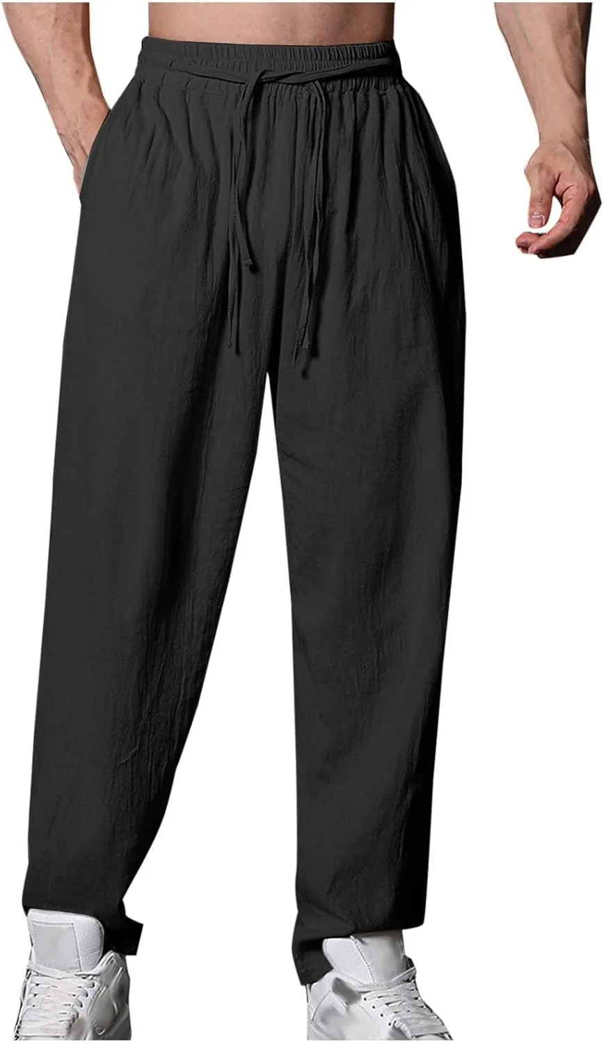 Mens Casual Pants Regular Fit Drawstring Straight-Legs Basic Linen Trousers Trendy Breathable Summer Workout Clothes