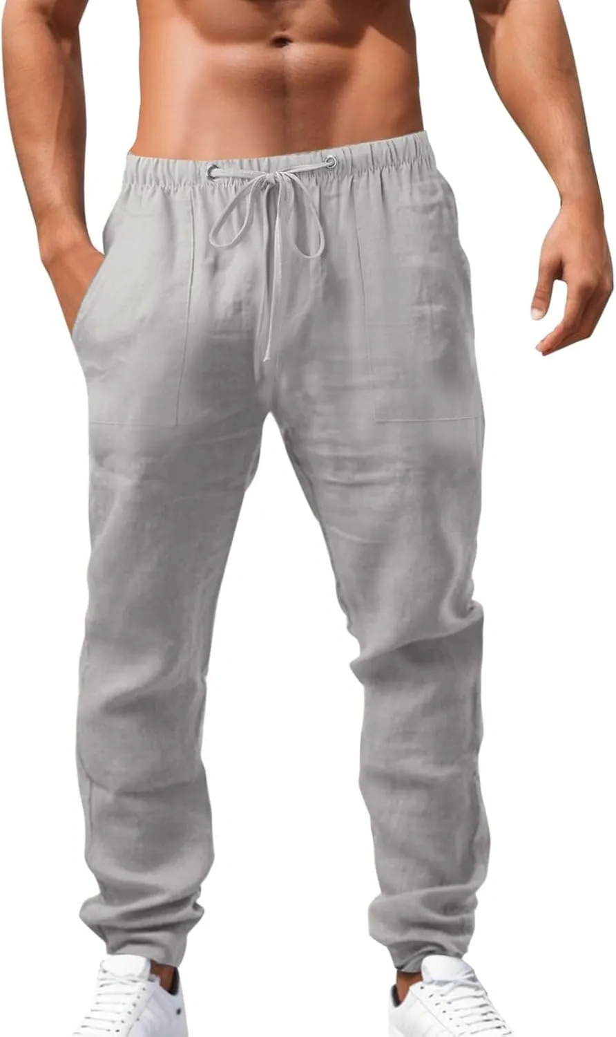Mens Linen Pants Casual Breathable Basic Elastic Waist Drawstring Trousers Fashion Lightweight Summer Workout Clothes