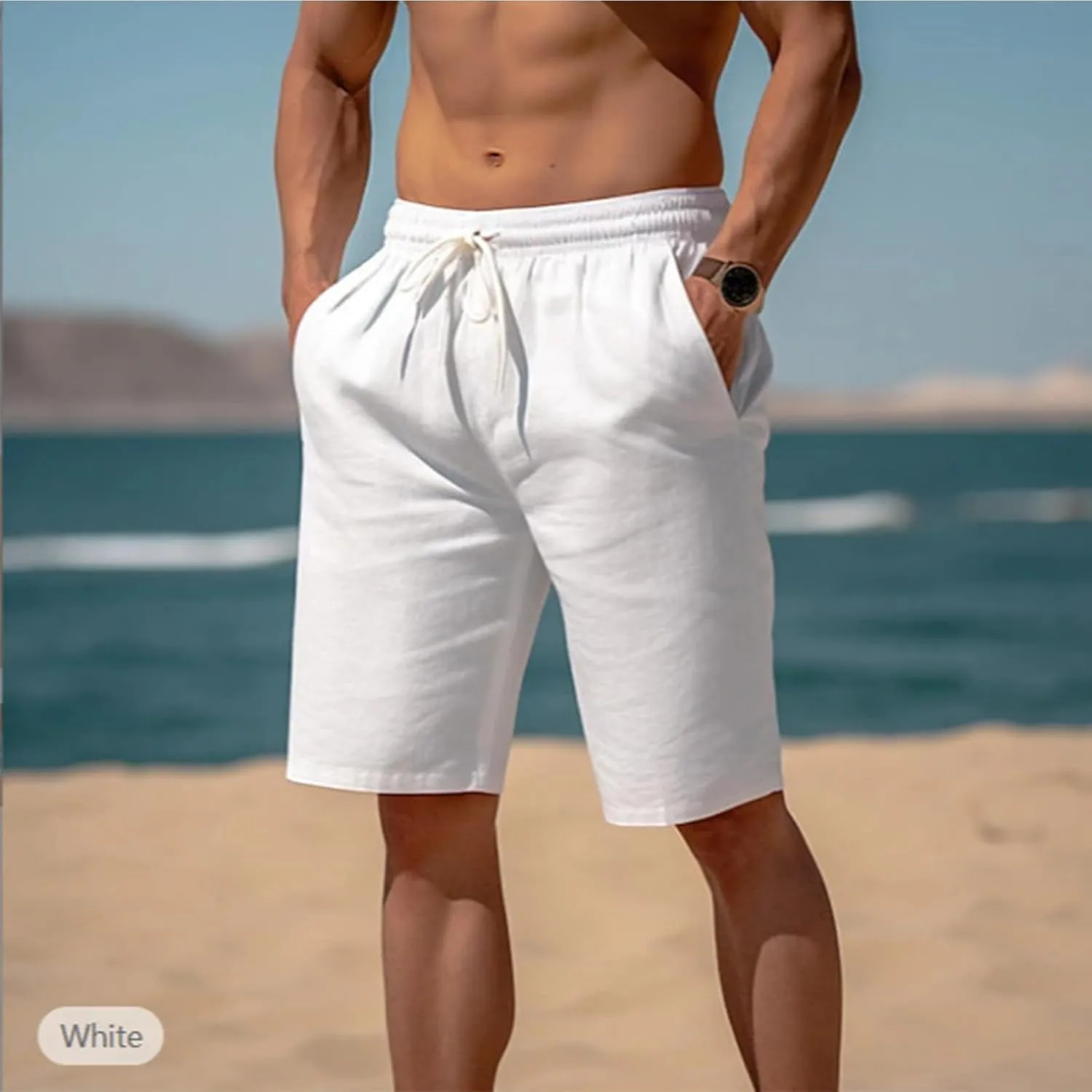 Men's Linen Shorts Casual Elastic Waist Drawstring 2025 Summer Beach Shorts