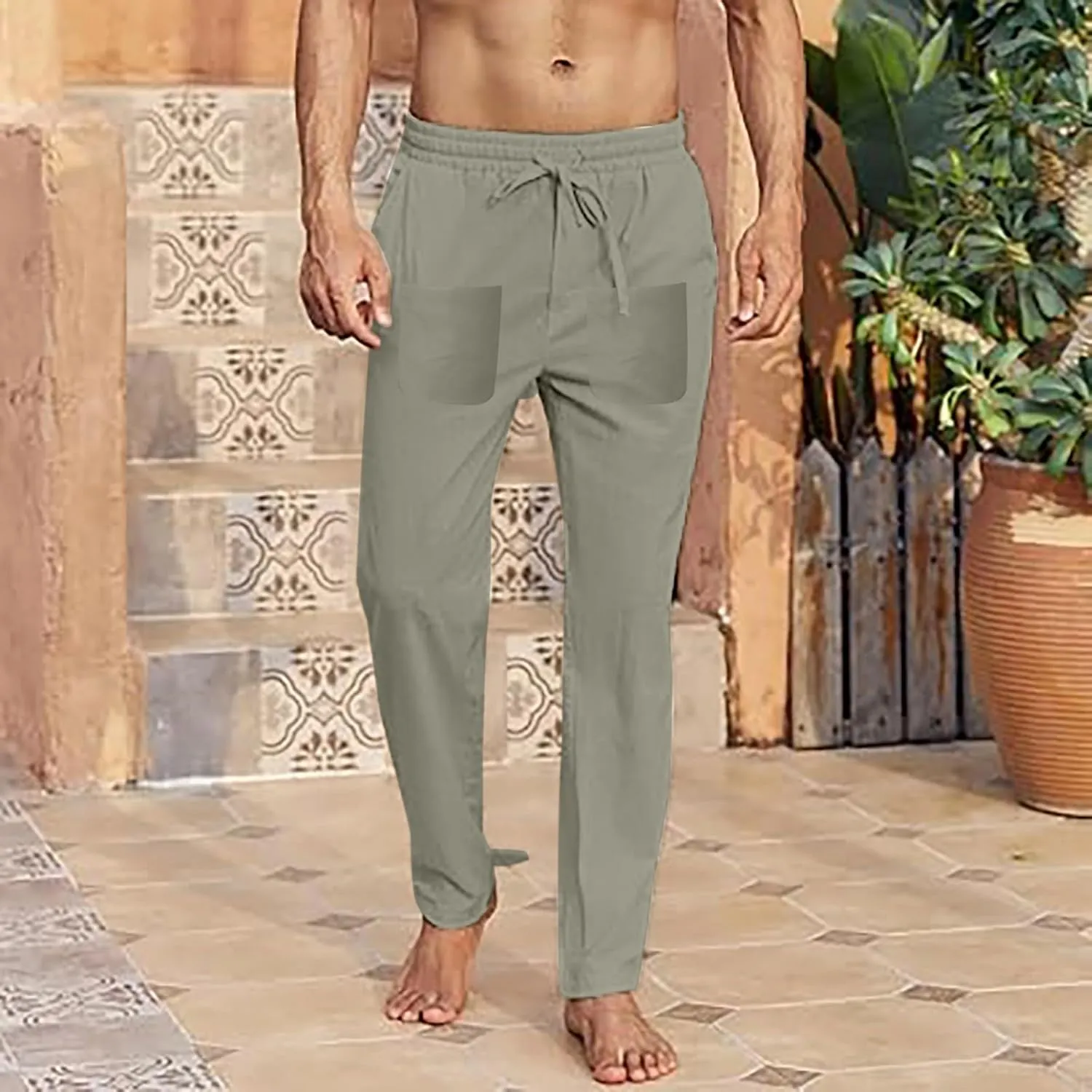 Mens Linen Yoga Pants Elastic Waist Drawstring Summer Beach Long Pant Loose Fit Casual Holiday Trip Tapered Trousers