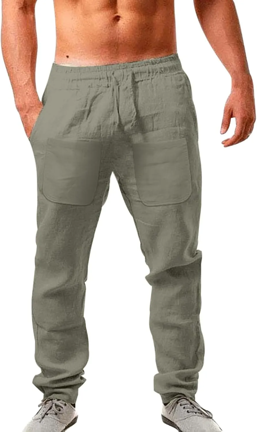 Mens Linen Yoga Pants Elastic Waist Drawstring Summer Beach Long Pant Loose Fit Casual Holiday Trip Tapered Trousers