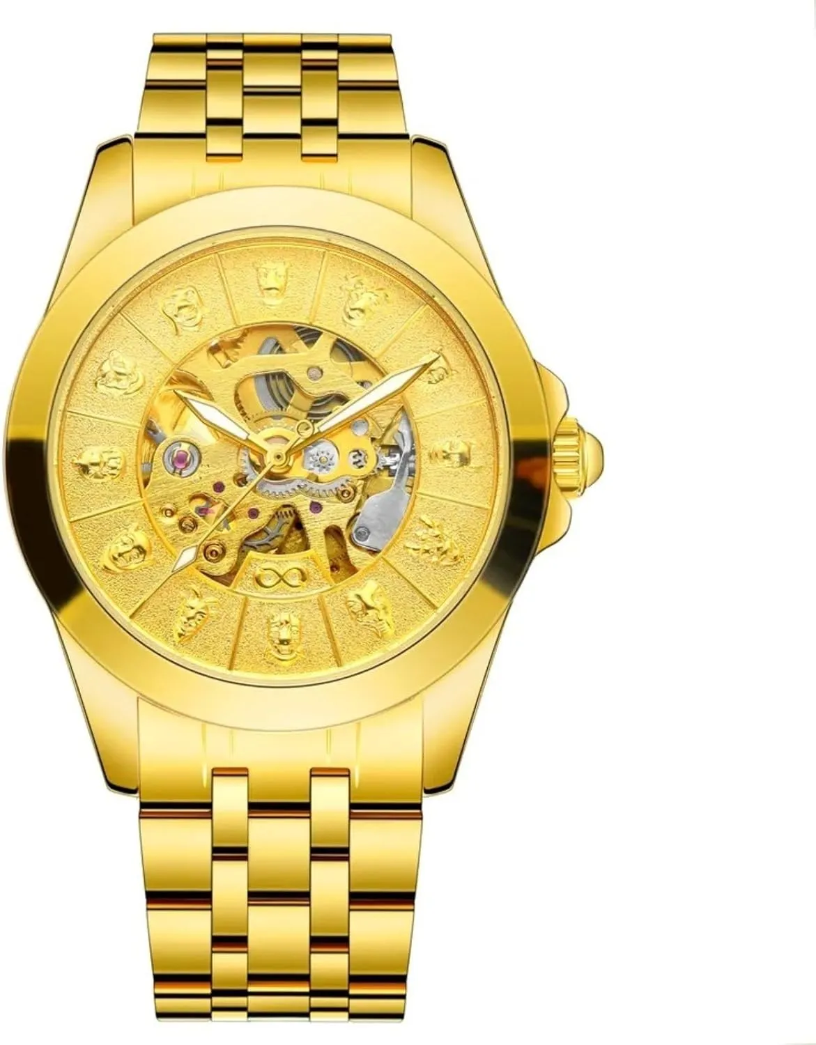 Men's Luxury Fashion Mechanical Watch Retro Hollow Twelve Zodiac Dial Stainless Steel Hollow Waterproof Sports Automatic Mechanical Watch