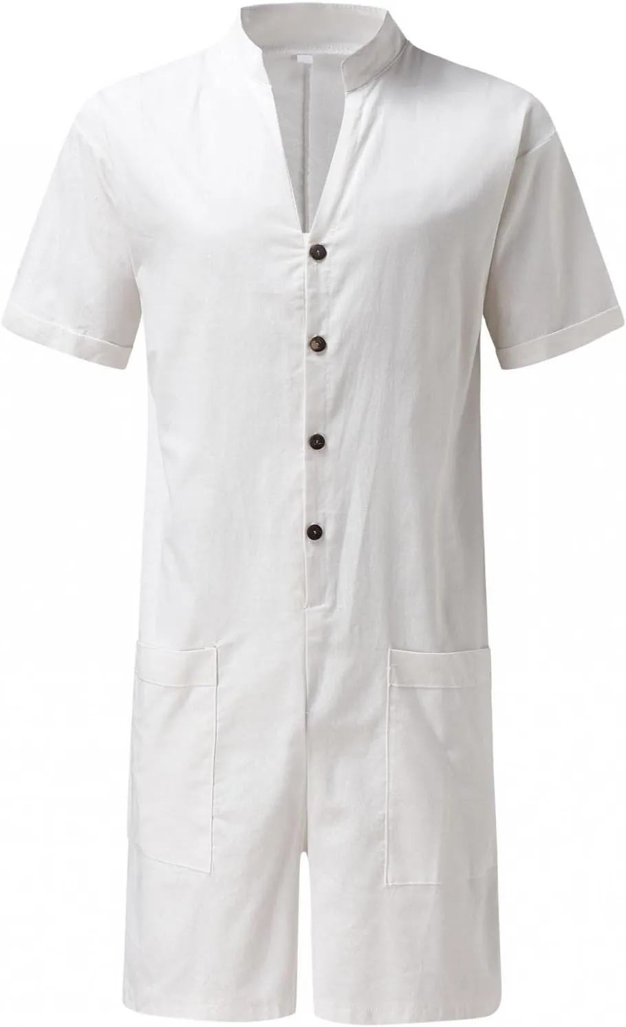 Mens Rompers Jumpsuits Onesie Loose Fit Cotton Linen Button Down Short Sleeve Coverall Tracksuits Comfy Playsuit Shorts