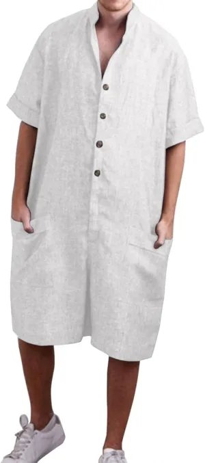 Mens Rompers Jumpsuits Onesie Loose Fit Cotton Linen Button Down Short Sleeve Coverall Tracksuits Comfy Playsuit Shorts