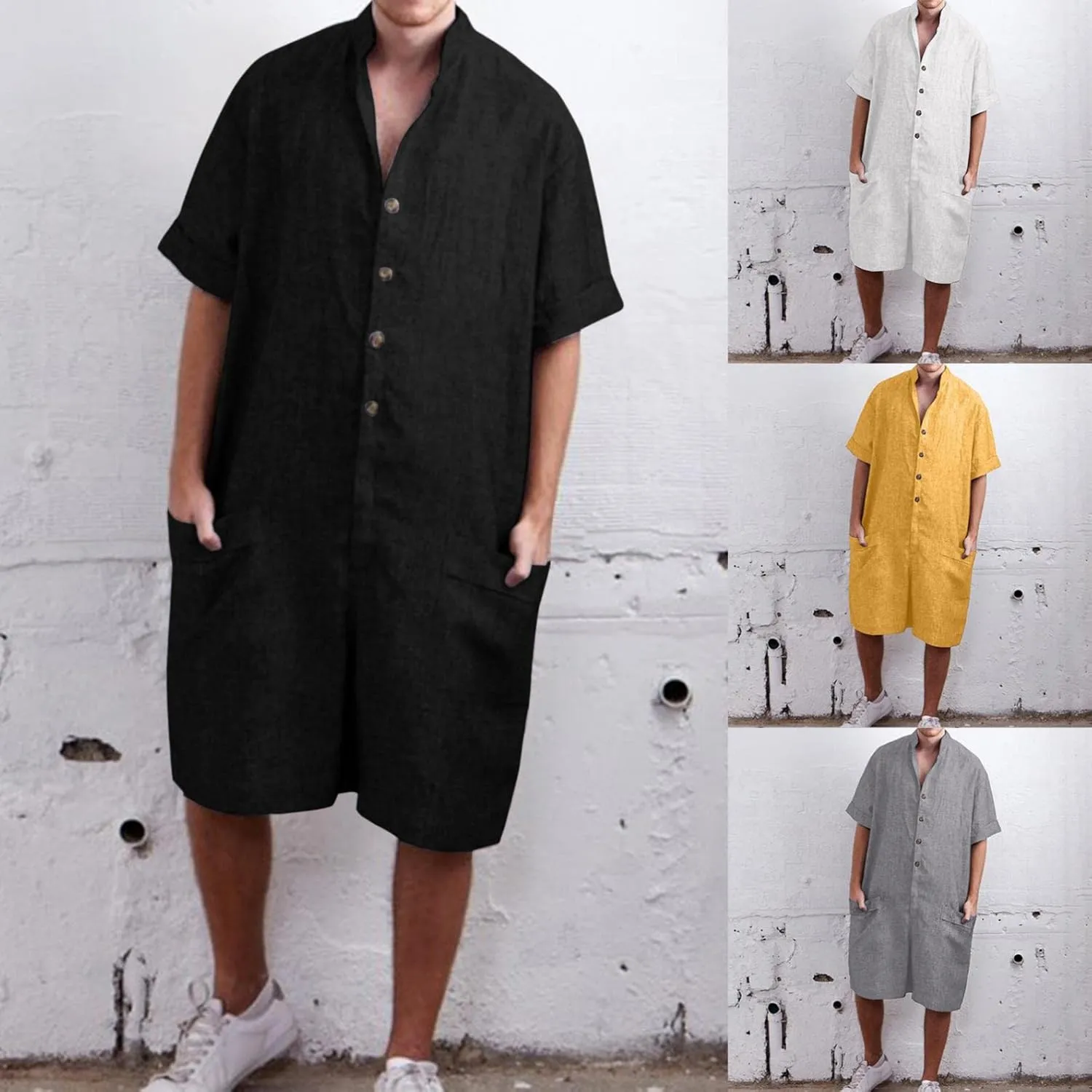 Mens Rompers Jumpsuits Onesie Loose Fit Cotton Linen Button Down Short Sleeve Coverall Tracksuits Comfy Playsuit Shorts