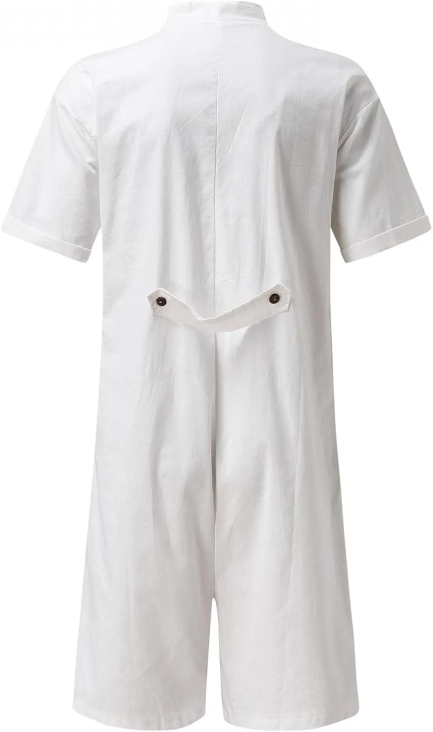 Mens Rompers Jumpsuits Onesie Loose Fit Cotton Linen Button Down Short Sleeve Coverall Tracksuits Comfy Playsuit Shorts