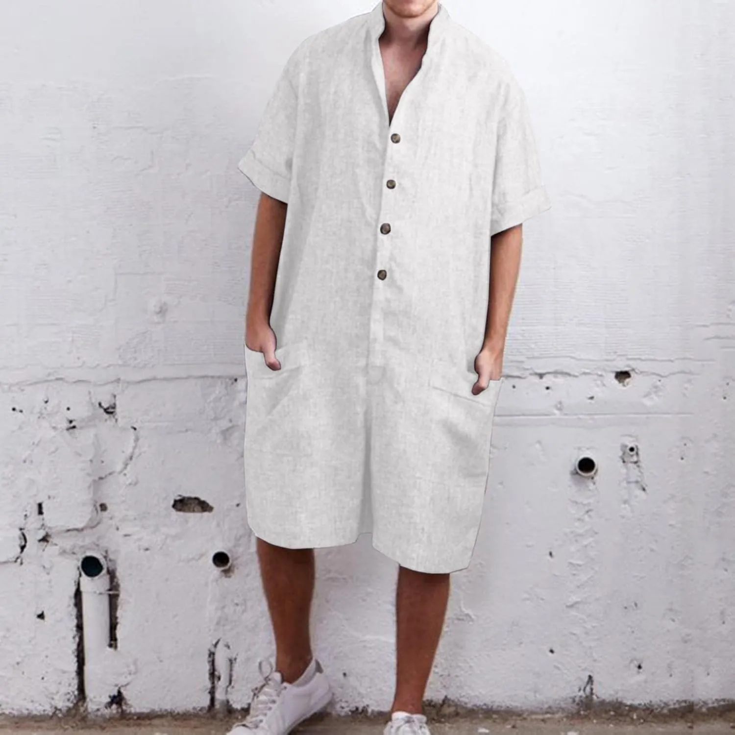 Mens Rompers Jumpsuits Onesie Loose Fit Cotton Linen Button Down Short Sleeve Coverall Tracksuits Comfy Playsuit Shorts