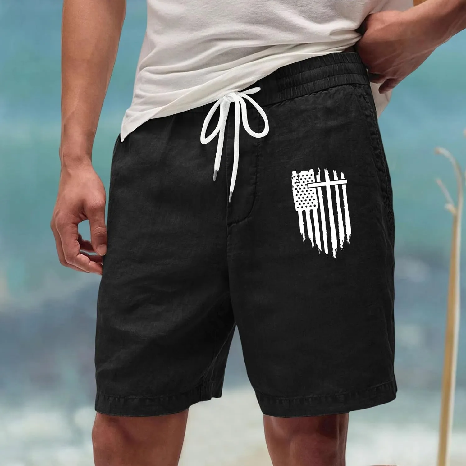 Men's Shorts Casual Drawstring Shorts with USA Flag Patch Elastic Waist Summer Loose Fit Beach Shorts with Pockets
