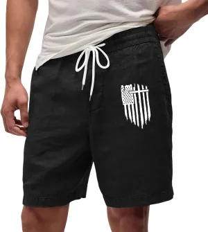 Men's Shorts Casual Drawstring Shorts with USA Flag Patch Elastic Waist Summer Loose Fit Beach Shorts with Pockets