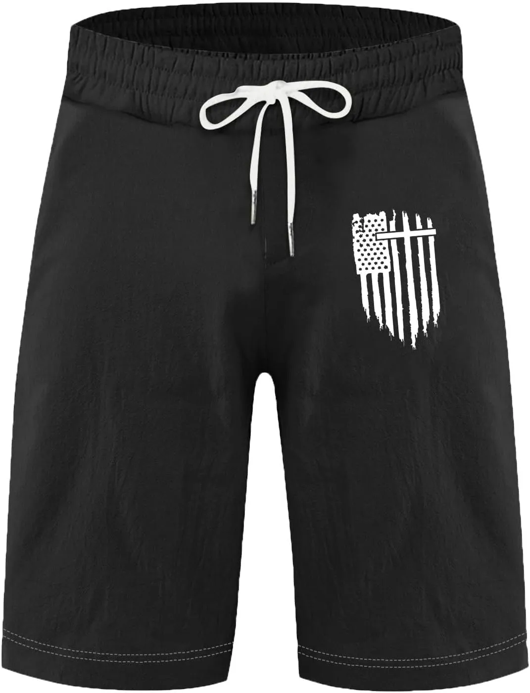 Men's Shorts Casual Drawstring Shorts with USA Flag Patch Elastic Waist Summer Loose Fit Beach Shorts with Pockets