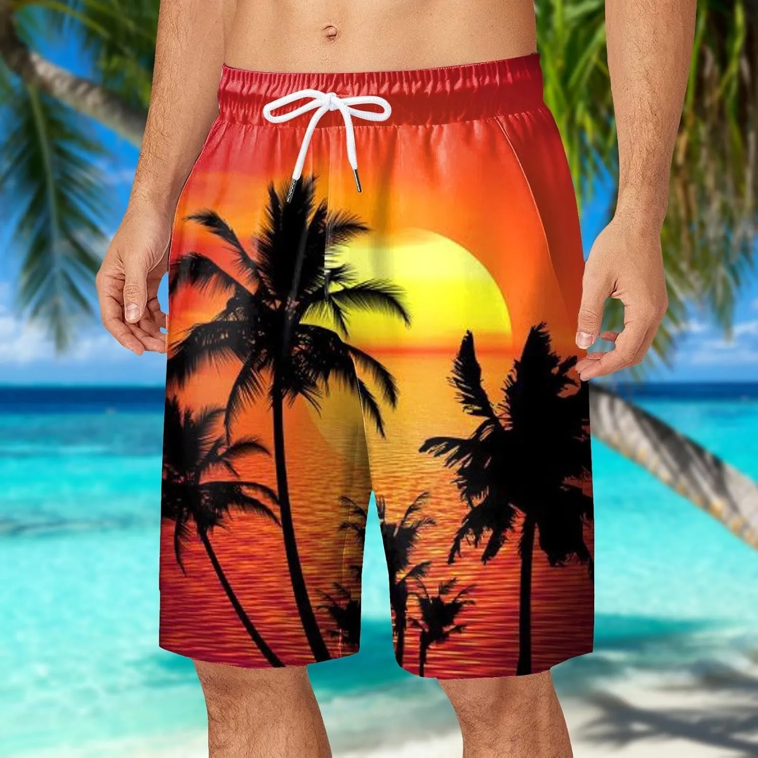 Mens Summer Print Beach Shorts Casual Elastic Waist Drawstring Fashion Beach Shorts Loose Fit Bermuda Shorts with Pockets