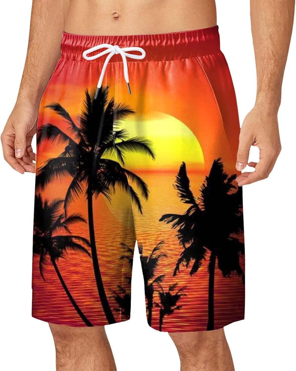 Mens Summer Print Beach Shorts Casual Elastic Waist Drawstring Fashion Beach Shorts Loose Fit Bermuda Shorts with Pockets