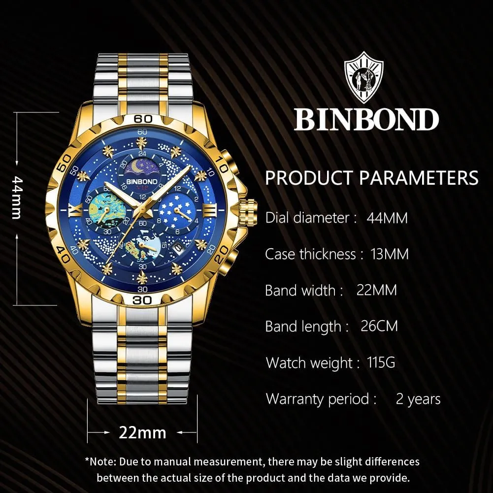 Mens Watches Starry Sky Moon Phase Dial Luxury Diamond Business Dress Fashion Classic Casual Date Wrist Watches for Men Waterproof Luminous