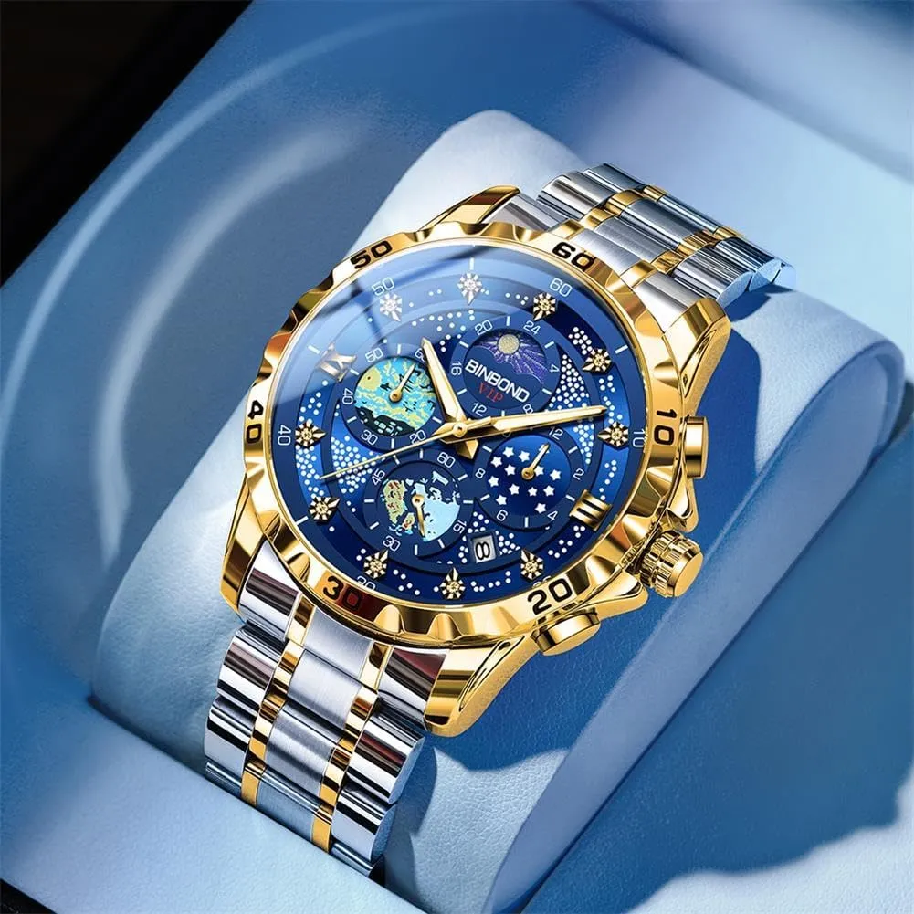 Mens Watches Starry Sky Moon Phase Dial Luxury Diamond Business Dress Fashion Classic Casual Date Wrist Watches for Men Waterproof Luminous