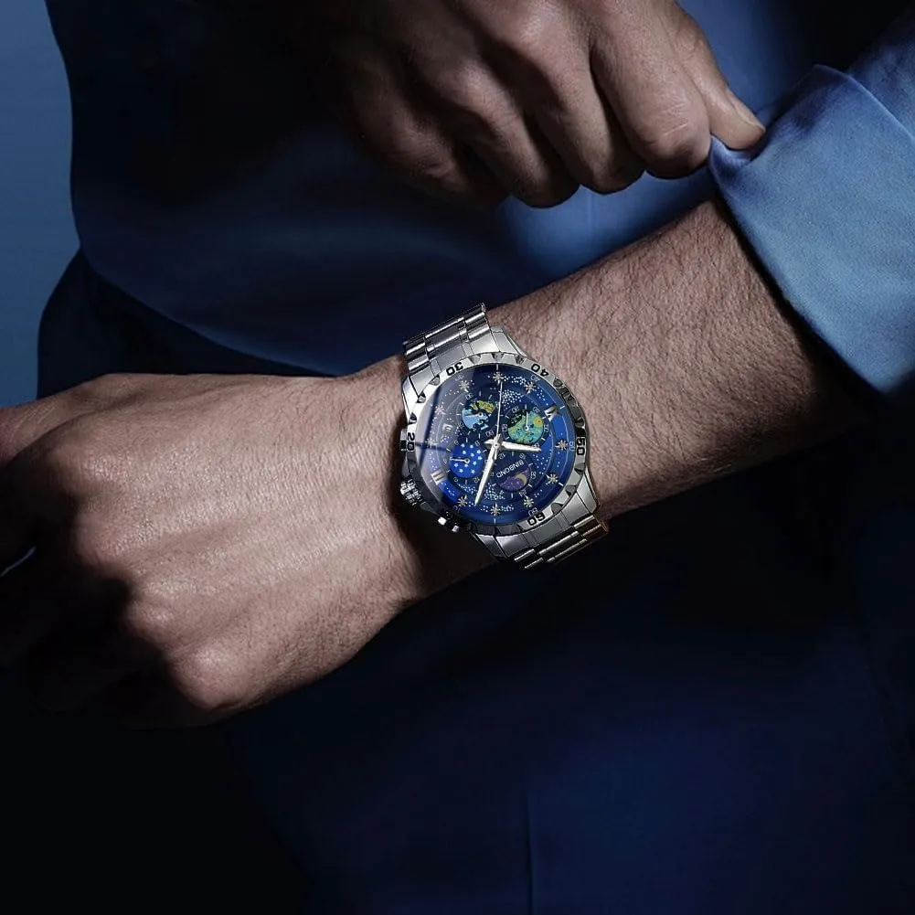 Mens Watches Starry Sky Moon Phase Dial Luxury Diamond Business Dress Fashion Classic Casual Date Wrist Watches for Men Waterproof Luminous