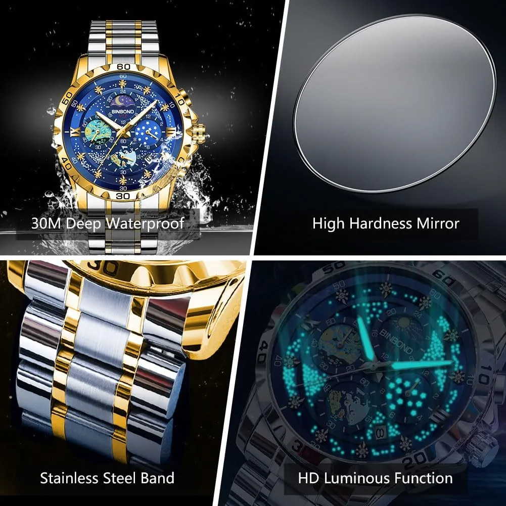 Mens Watches Starry Sky Moon Phase Dial Luxury Diamond Business Dress Fashion Classic Casual Date Wrist Watches for Men Waterproof Luminous