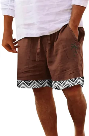 Mens White Summer Linen Shorts Coconut Tree Printed Beach Trendy Shorts Mens White Summer Linen Shorts Mens Linen