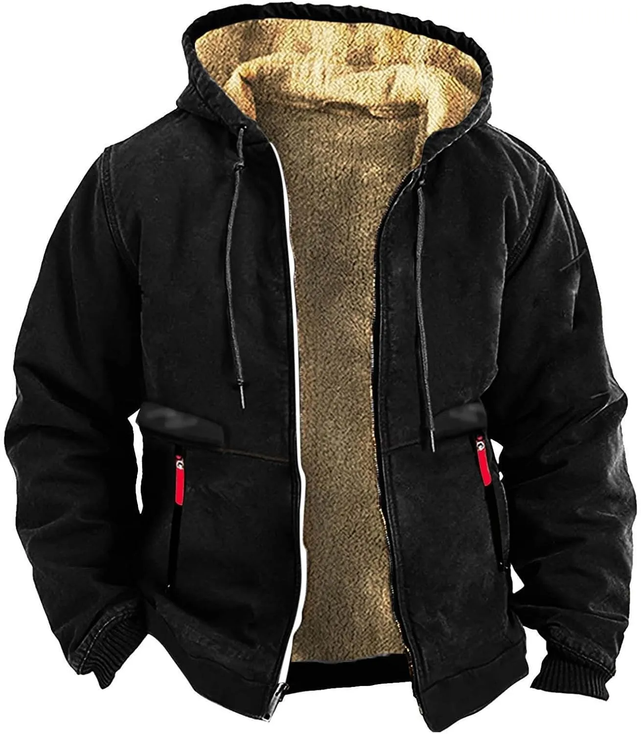 Mens Winter Coat Heavyweight Sherpa Fleece Lined Warm Hoodies Retro Full Zip Thick Winter Jackets with Zipper Pockets