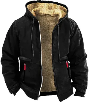 Mens Winter Coat Heavyweight Sherpa Fleece Lined Warm Hoodies Retro Full Zip Thick Winter Jackets with Zipper Pockets