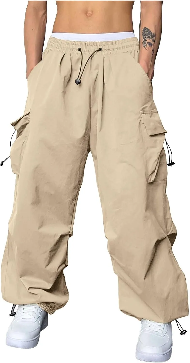 Mens Work Cargo Pant Wide Leg Casual Joggers Drawstring Waist Cargo Work Pants Multi Pockets