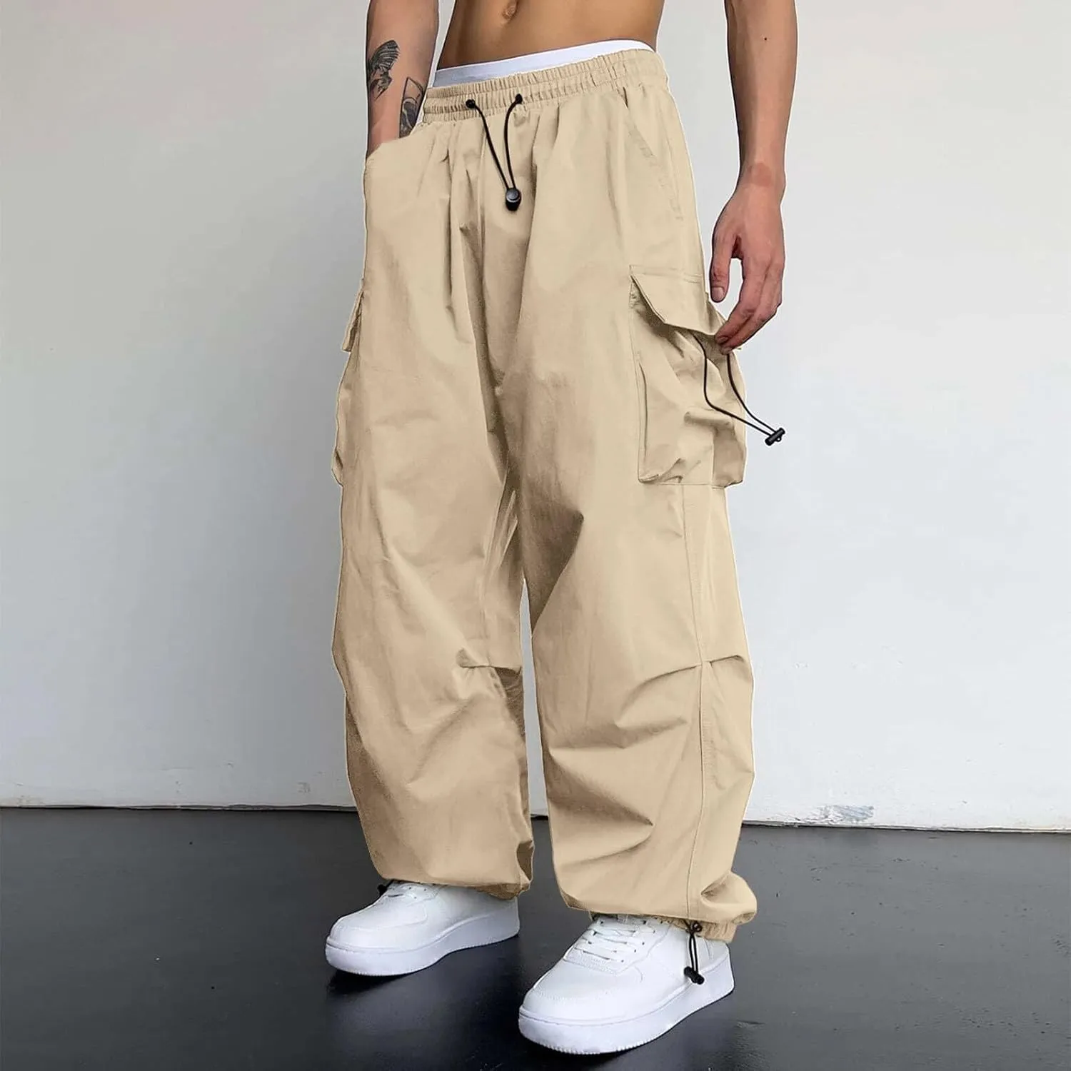 Mens Work Cargo Pant Wide Leg Casual Joggers Drawstring Waist Cargo Work Pants Multi Pockets