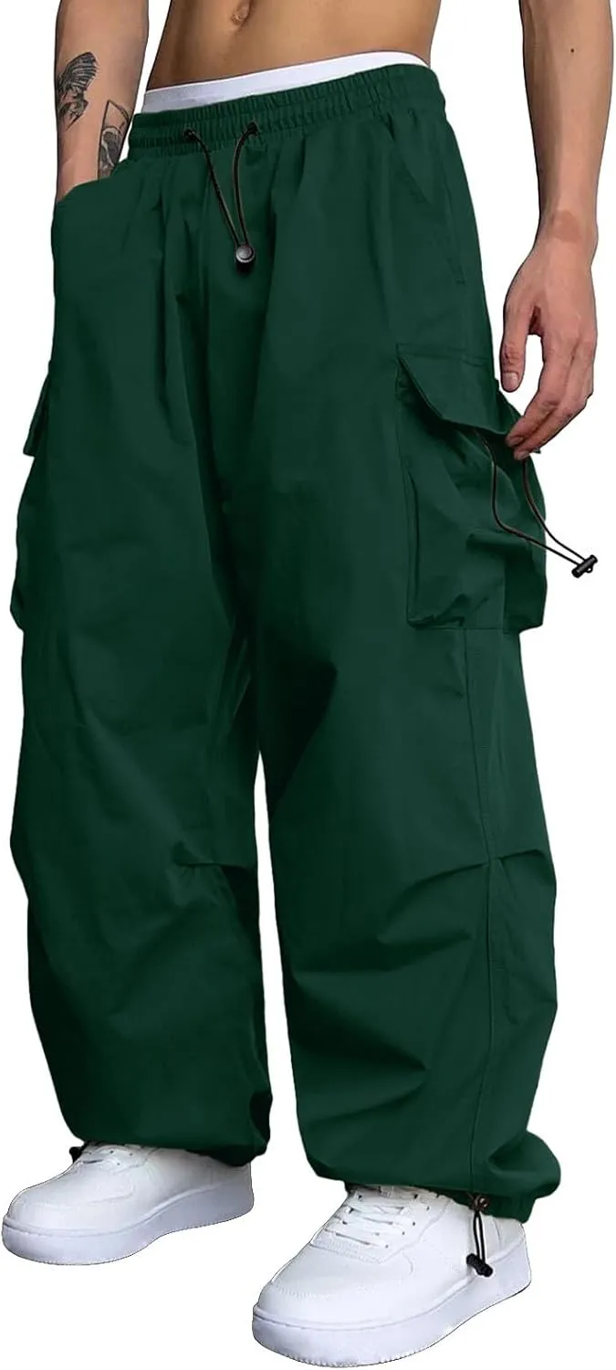 Mens Work Cargo Pant Wide Leg Casual Joggers Drawstring Waist Cargo Work Pants Multi Pockets