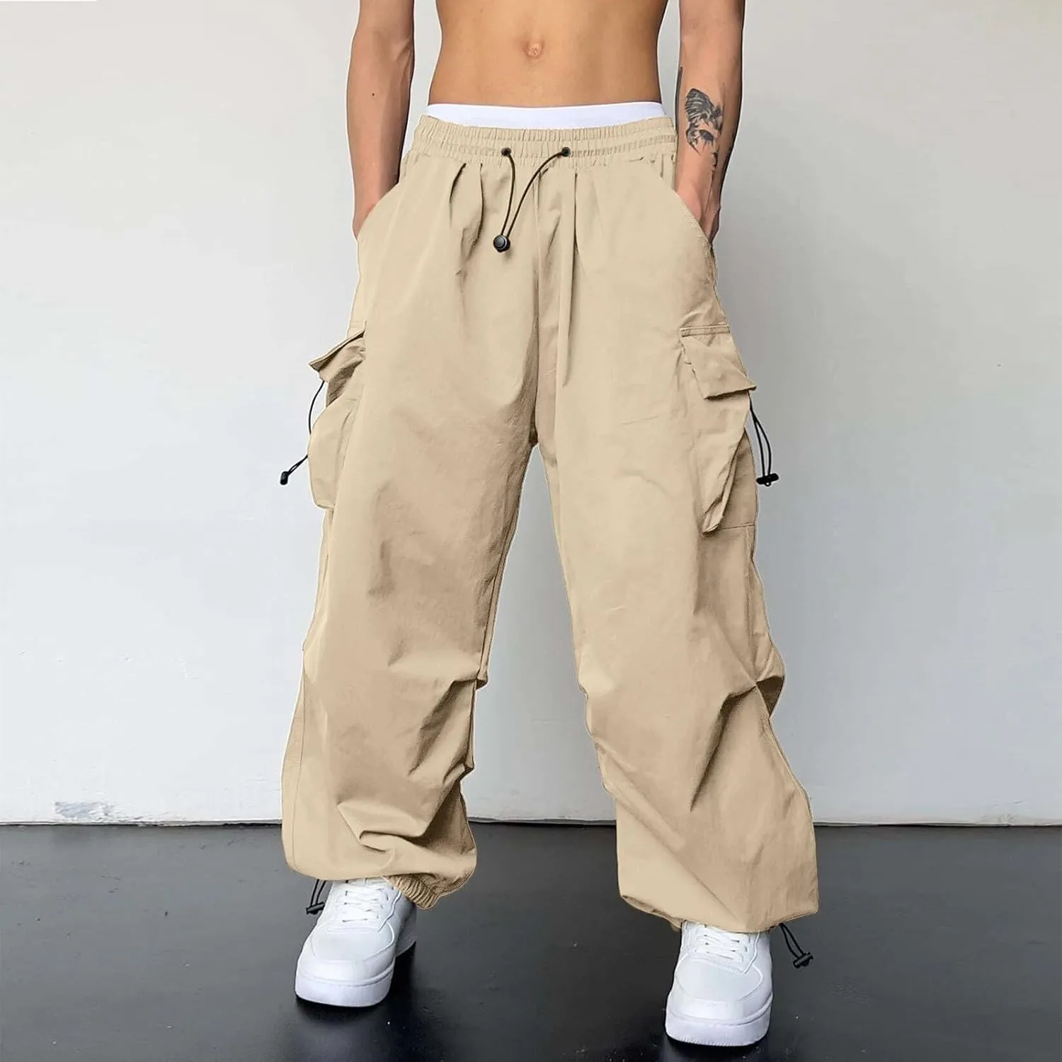 Mens Work Cargo Pant Wide Leg Casual Joggers Drawstring Waist Cargo Work Pants Multi Pockets