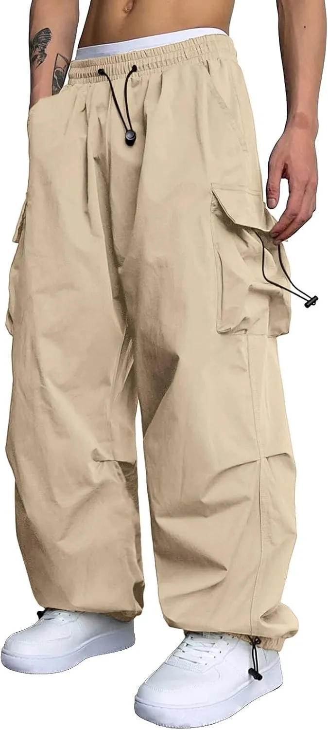 Mens Work Cargo Pant Wide Leg Casual Joggers Drawstring Waist Cargo Work Pants Multi Pockets