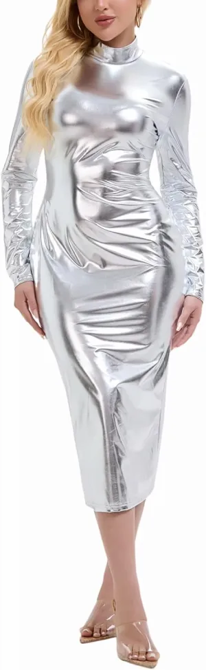 Metallic Bodycon Dress for Women Stretchy Long Sleeve High Neck Shiny Sexy Dresses for Party Club Formal