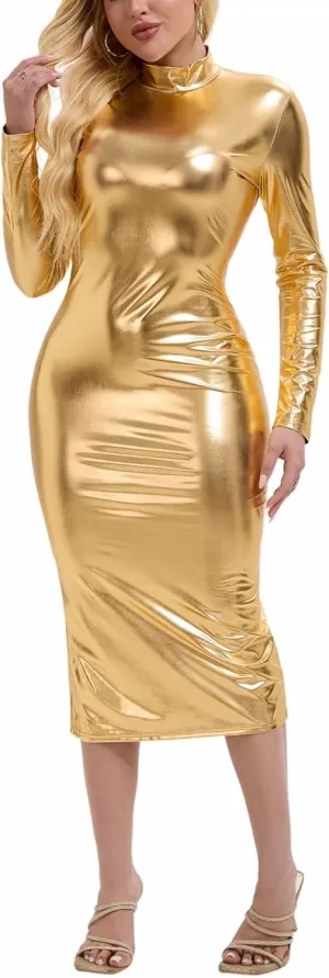 Metallic Bodycon Dress for Women Stretchy Long Sleeve High Neck Shiny Sexy Dresses for Party Club Formal